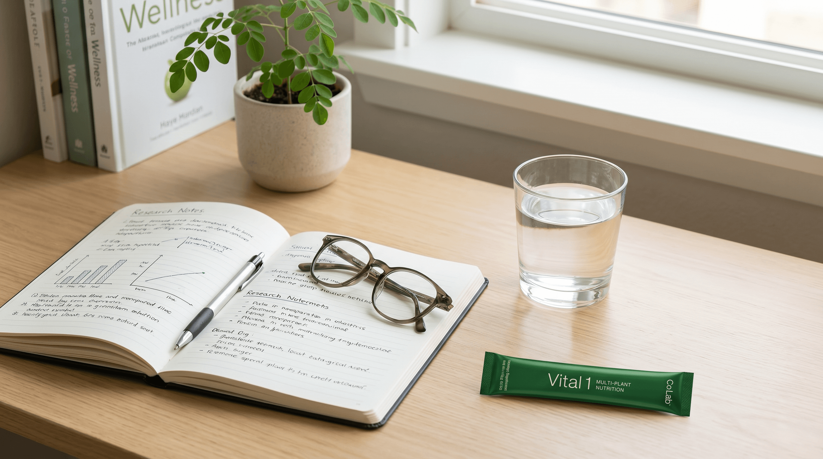 Vital 1 Moringa sachet and a glass of water on a desk with a notebook