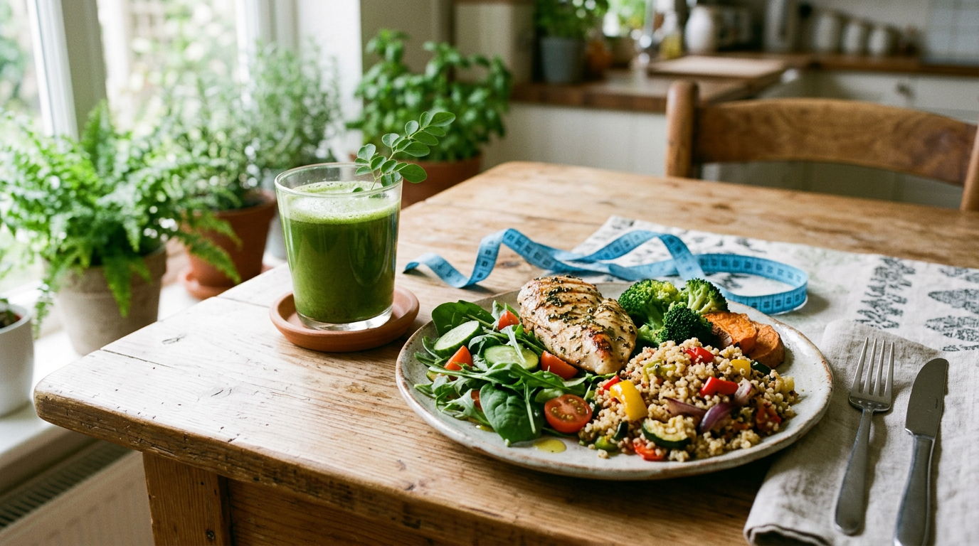 Moringa drink beside a balanced healthy meal and a measuring tape
