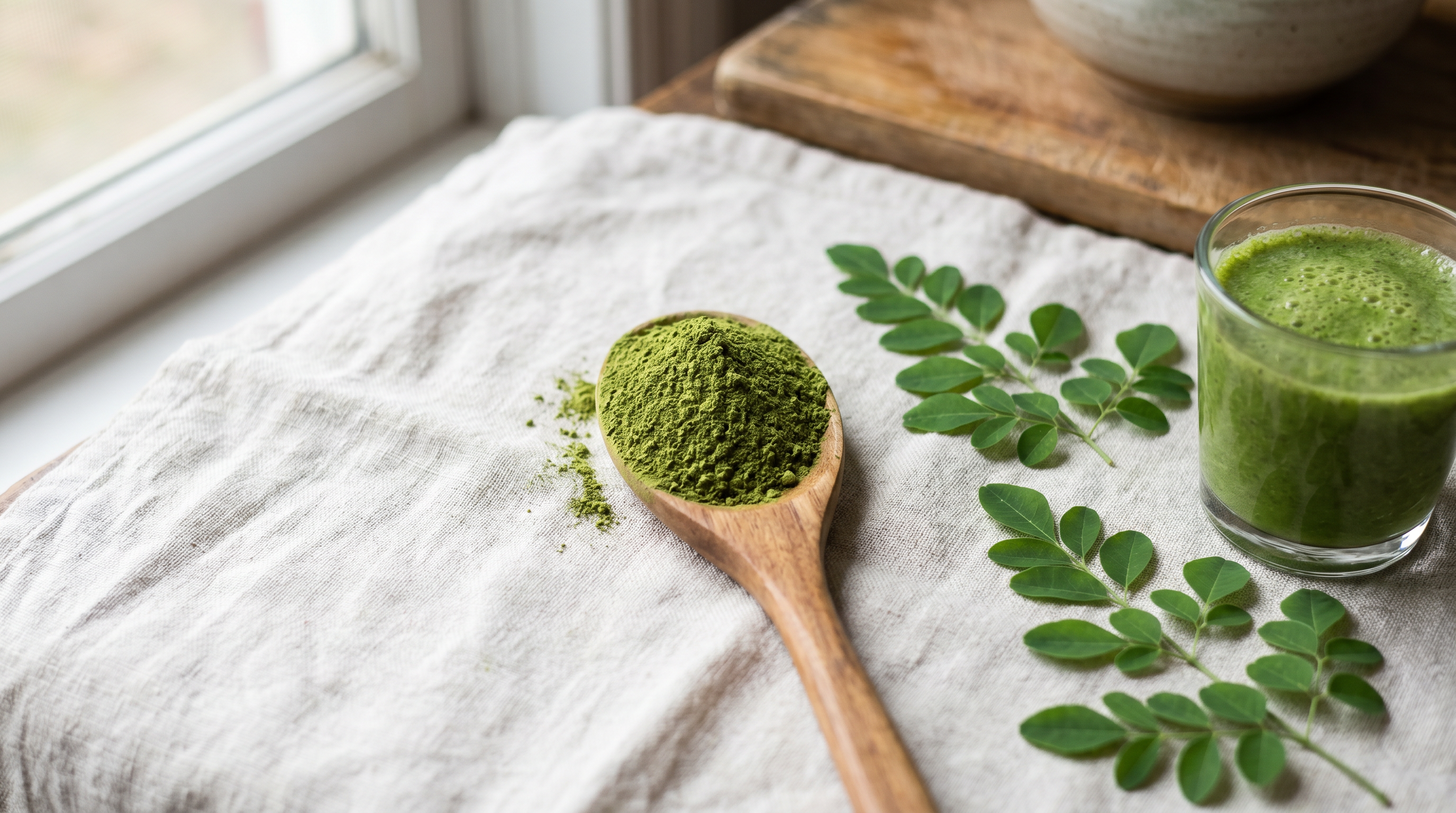 Spoon of green moringa powder with fresh moringa leaves on a light counter