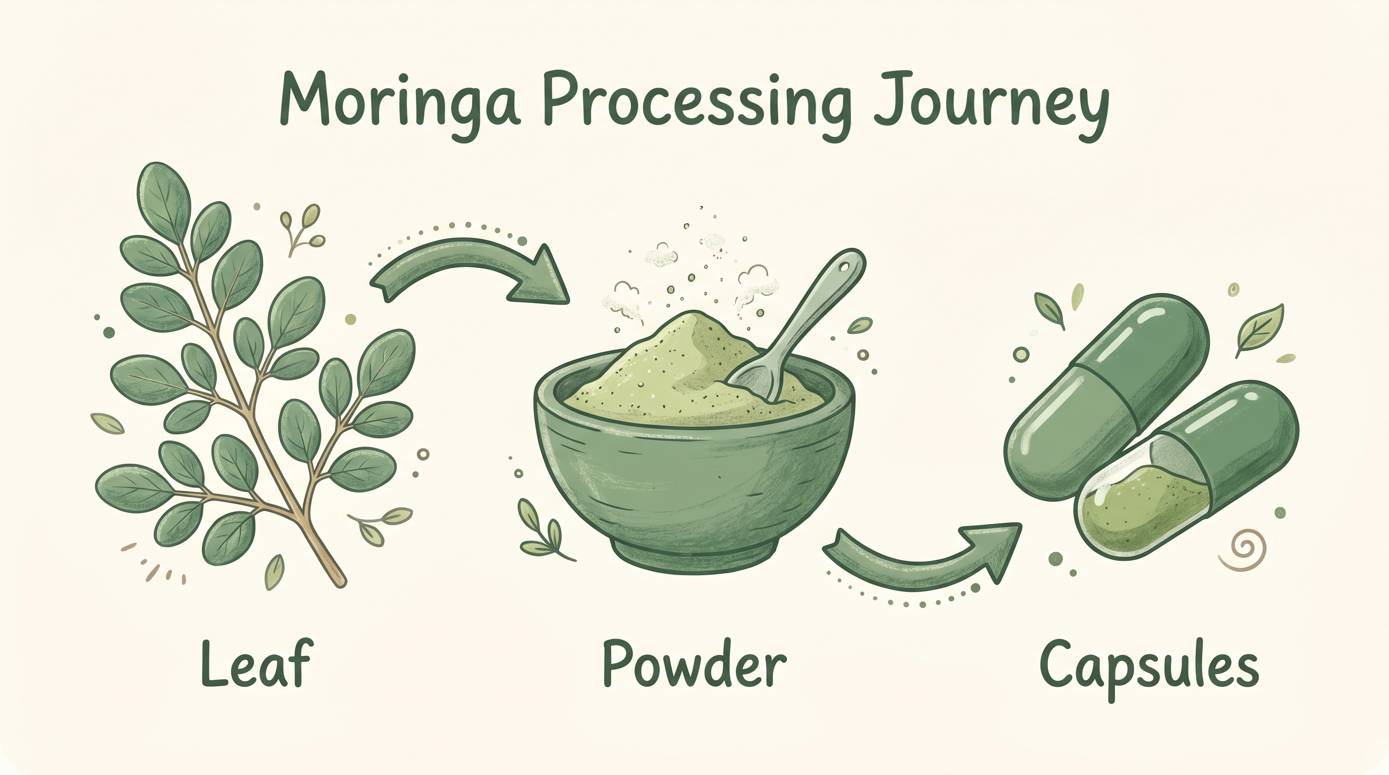 Moringa leaf turning into powder and then capsules
