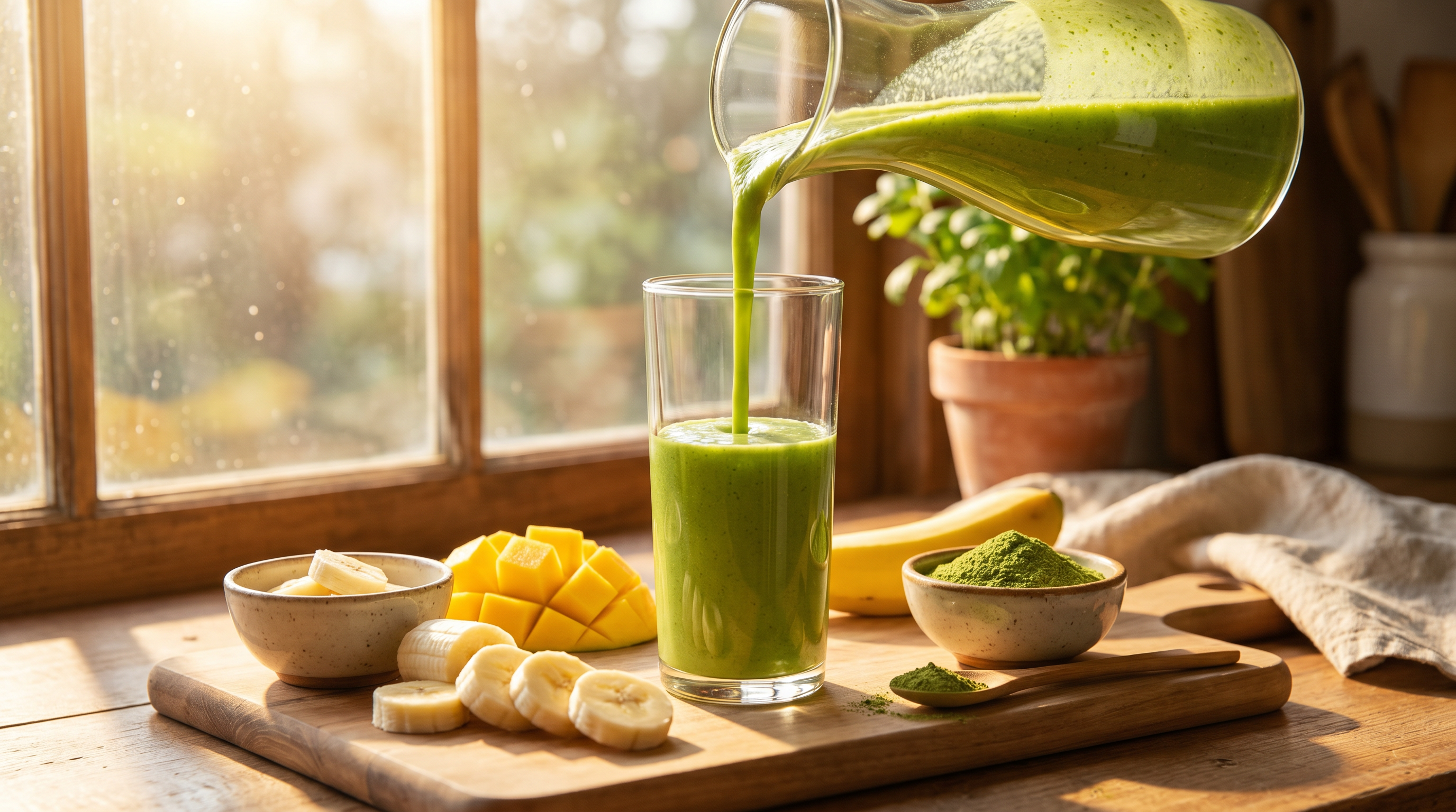 Green moringa smoothie poured into a glass with banana and mango