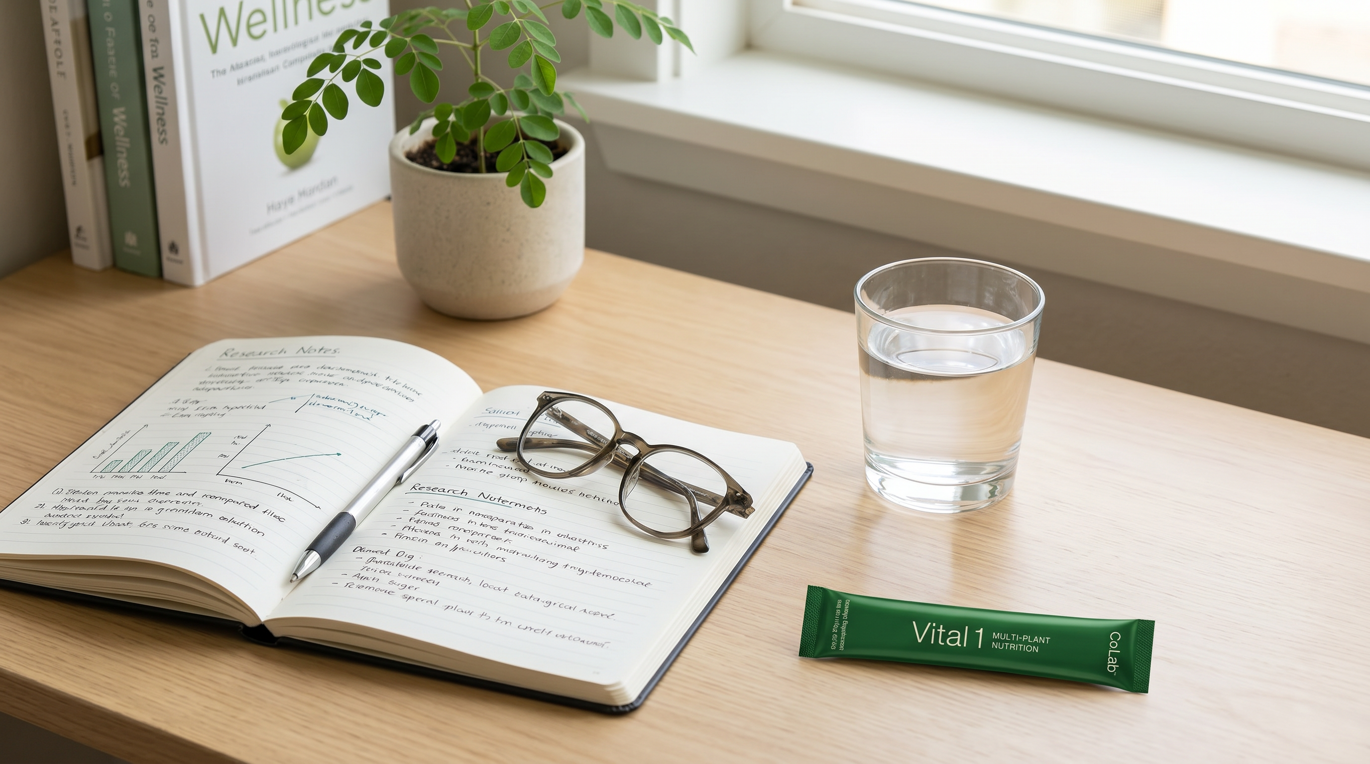 Vital 1 Moringa sachet and a glass of water on a desk with a notebook