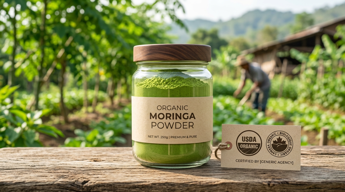 Jar of organic moringa powder with a moringa farm behind it