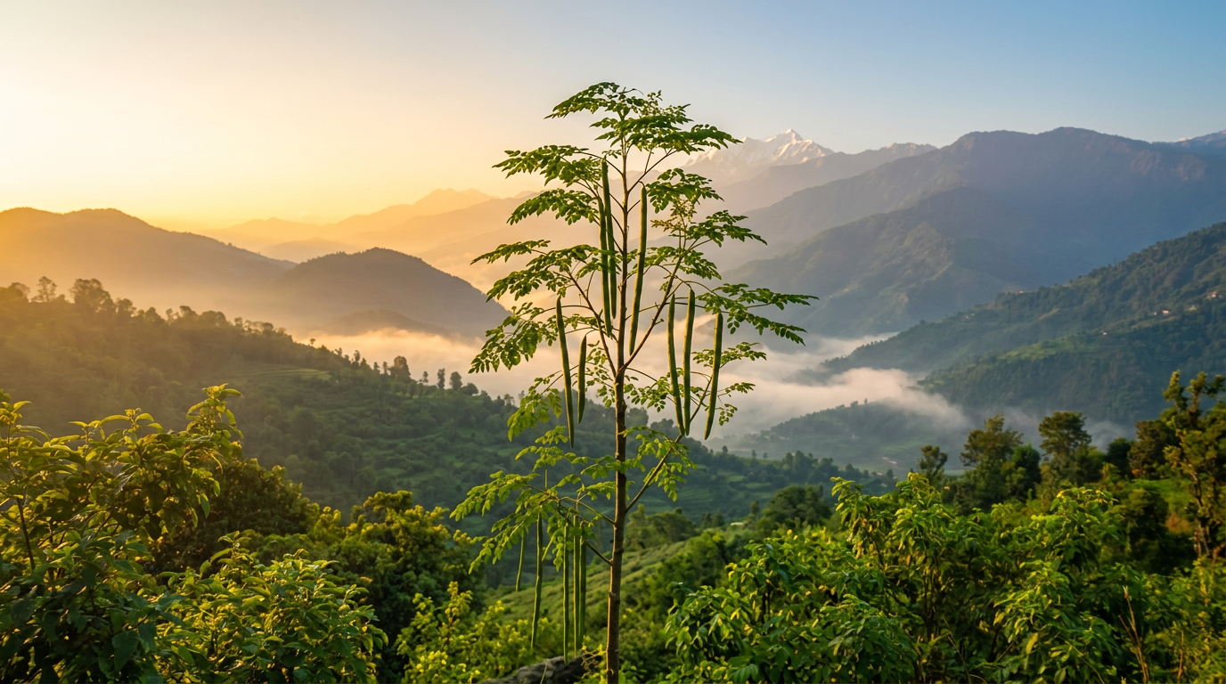 A flourishing moringa tree at sunrise with bright green leaves and seed pods, growing at the base of the Himalayan foothills