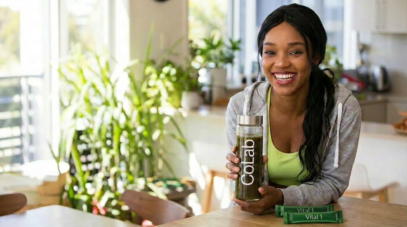 Smiling woman enjoying a Moringa.co Vital 1 moringa drink at home