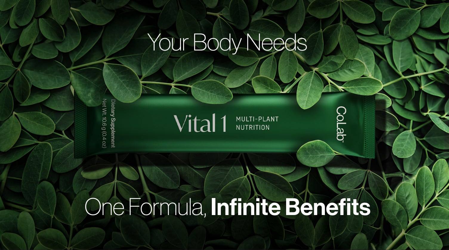 Vital 1 moringa sachet resting on a bed of fresh moringa leaves — One Formula, Infinite Benefits