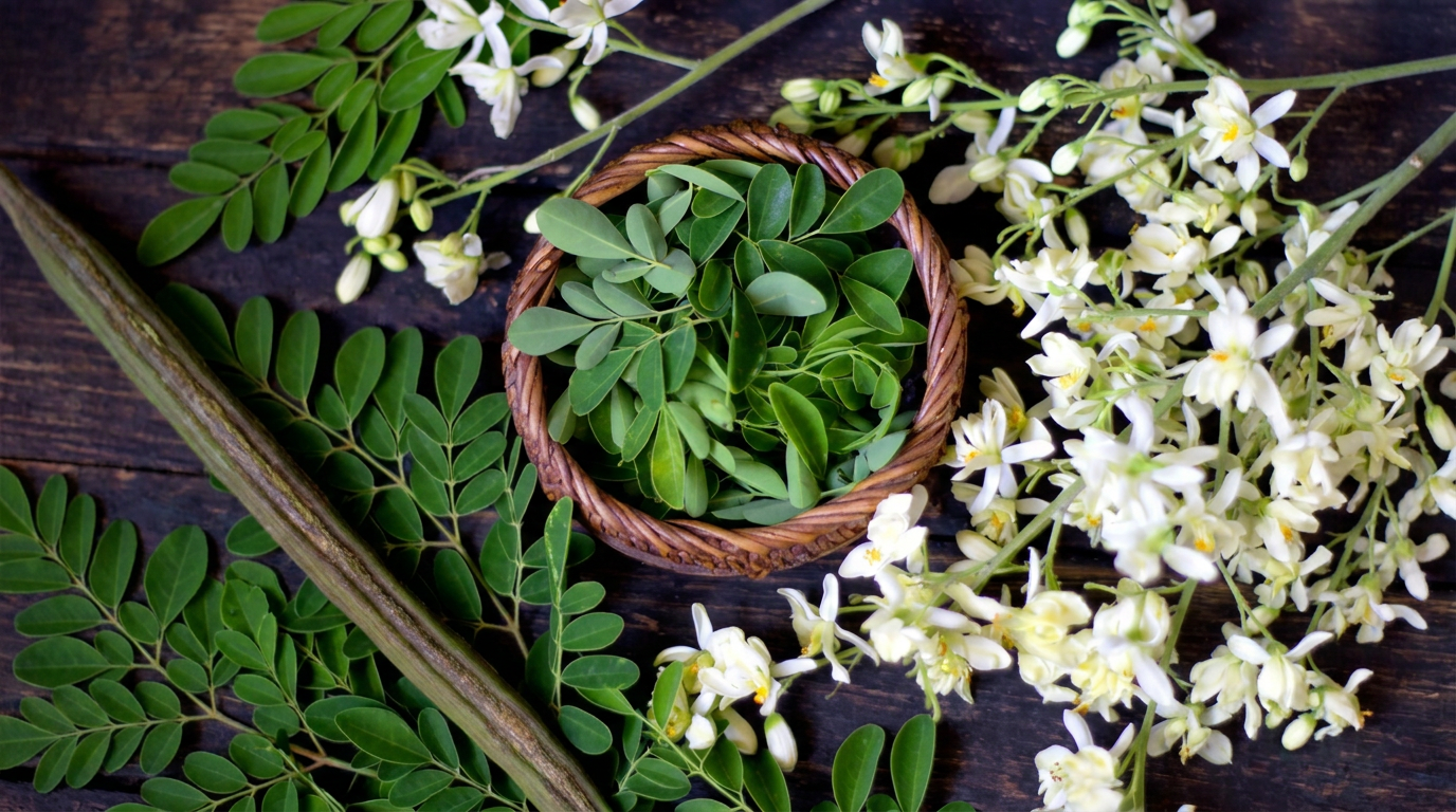 Flat-lay arrangement of fresh moringa leaves, drumstick seed pod and white moringa flowers on a wooden surface