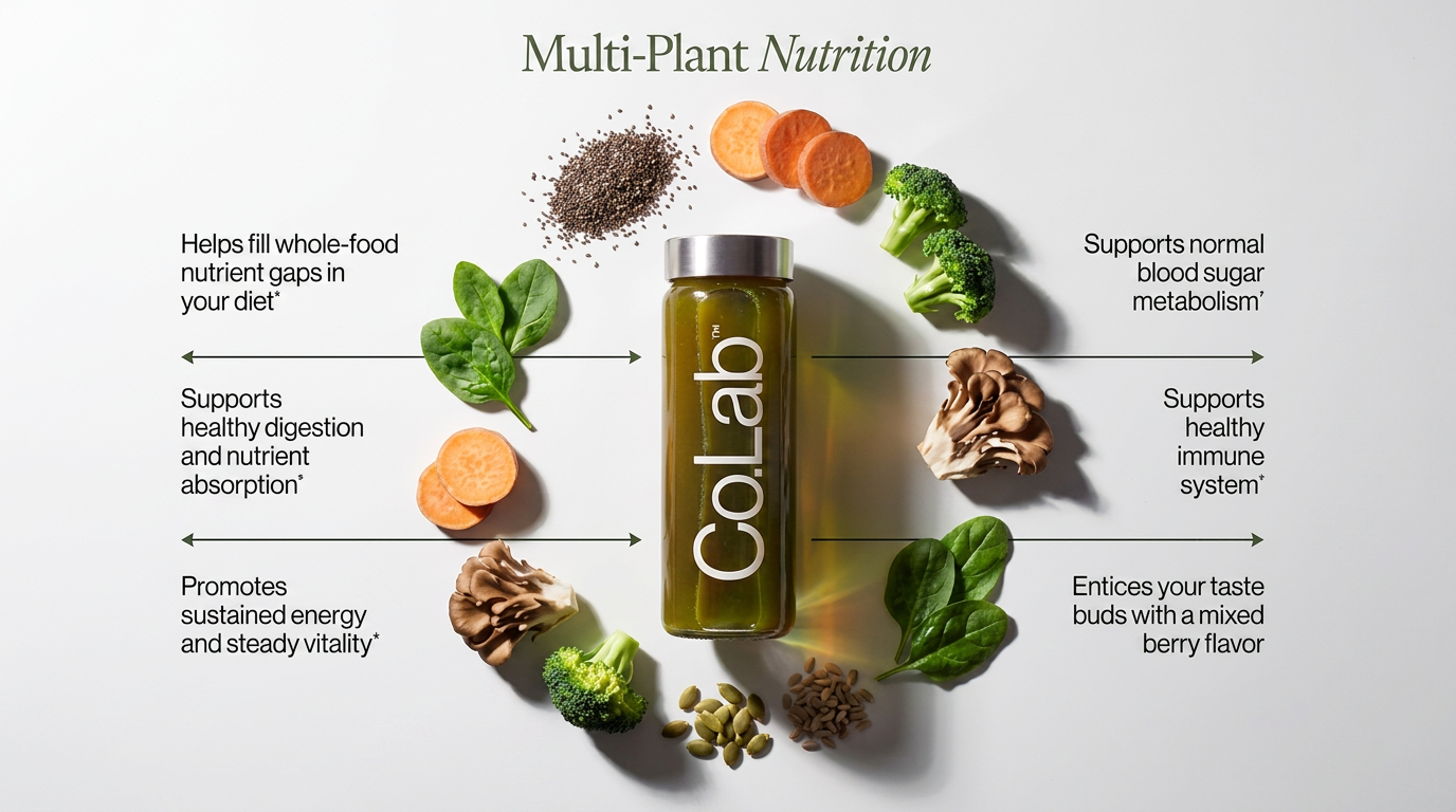 Multi-Plant Nutrition — Vital 1 benefits surrounded by whole-food ingredients