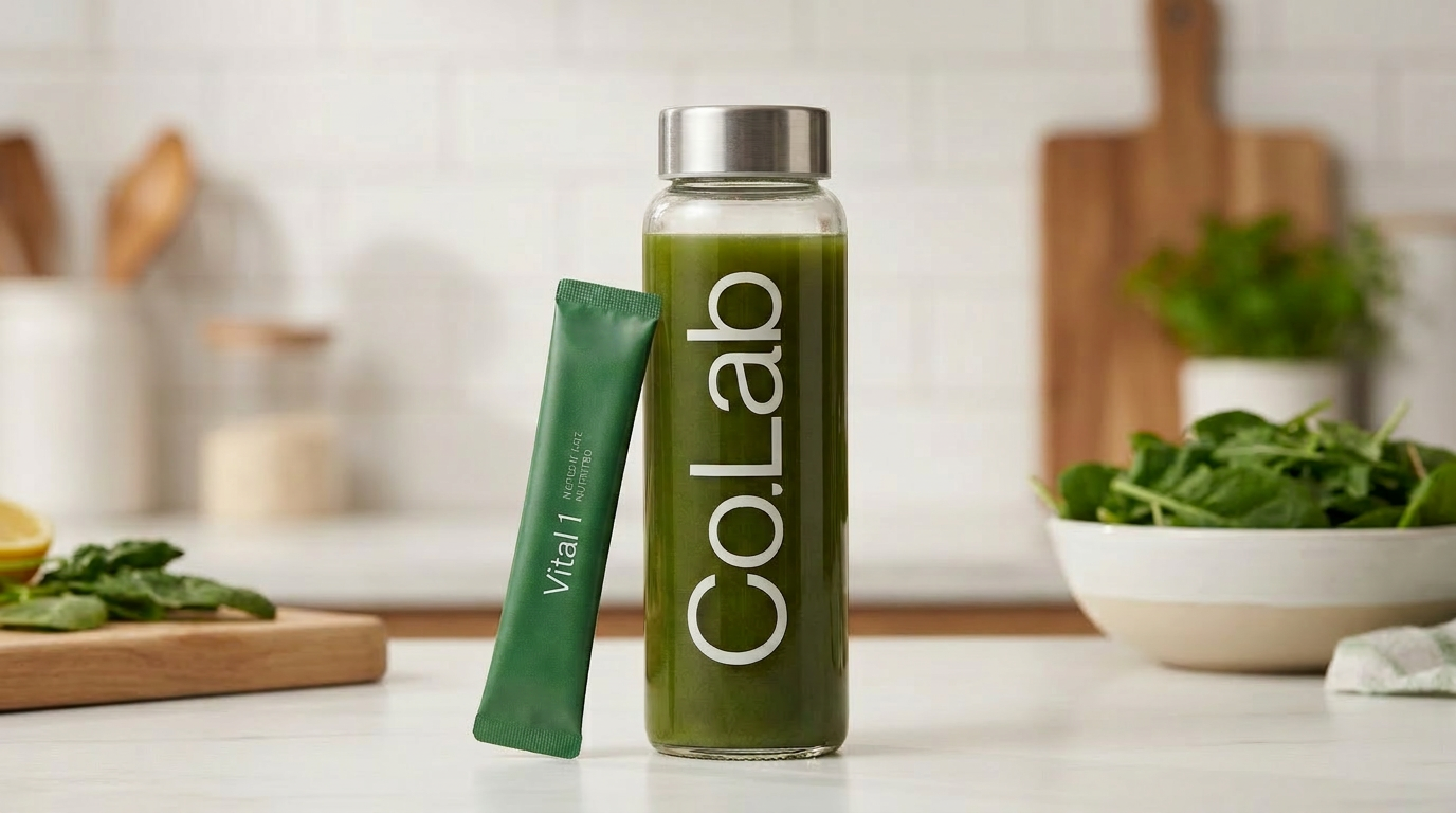 Vital 1 Moringa bottle and daily sachet on the counter