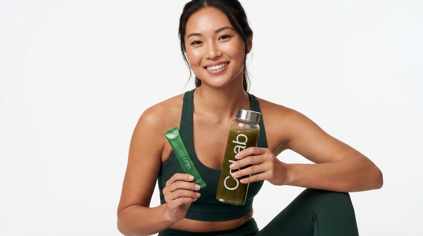 Smiling woman in activewear holding a Moringa.co Vital 1 sachet and bottle of green moringa drink